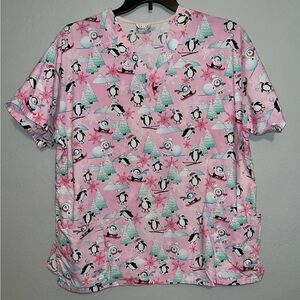 W S Fundamentally Cotton by White Swan Penguin Print Scrub Top Size L